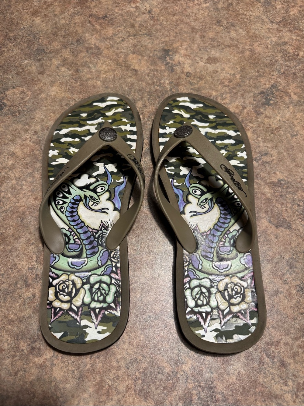 Ed Hardy Olive Green Camouflage Flip Flops with Multicolor Snake Graphic
